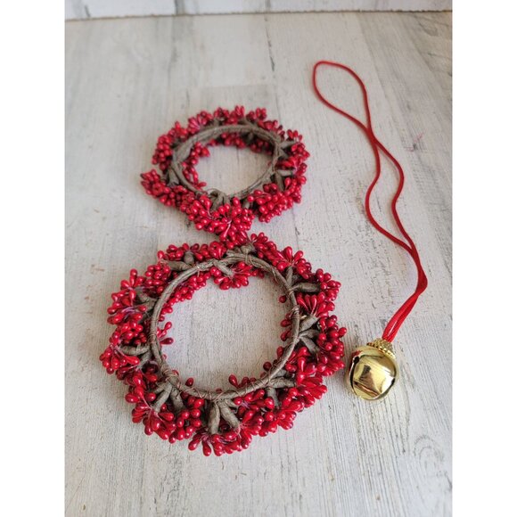 Red cranberry Berry mini wreath Bell necklace Xmas set hanging - Picture 6 of 6